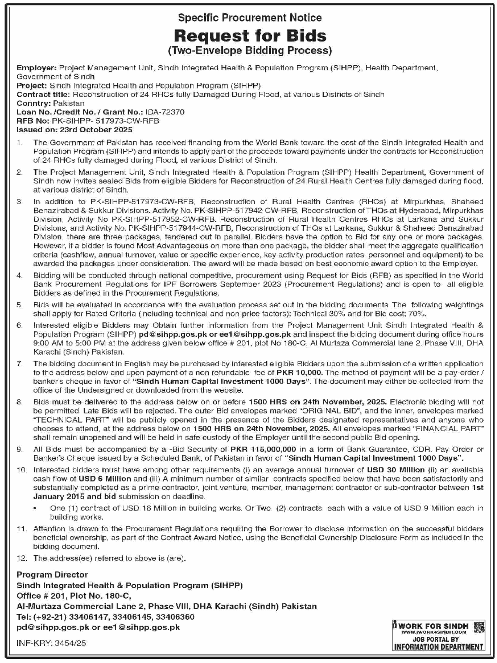 Sindh Integrated Health & Population Program Karachi Tender Notice